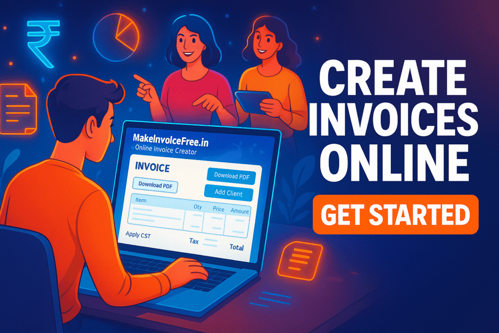 Vibrant thumbnail showing an online invoice creator platform in use with team collaboration and a bold “Create Invoices Online” call-to-action.