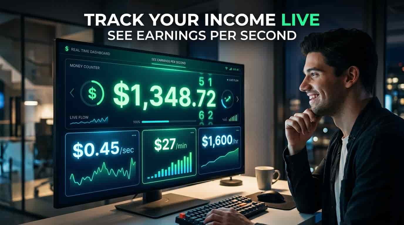 Real Time Income Tracker showing income per second using money clock app