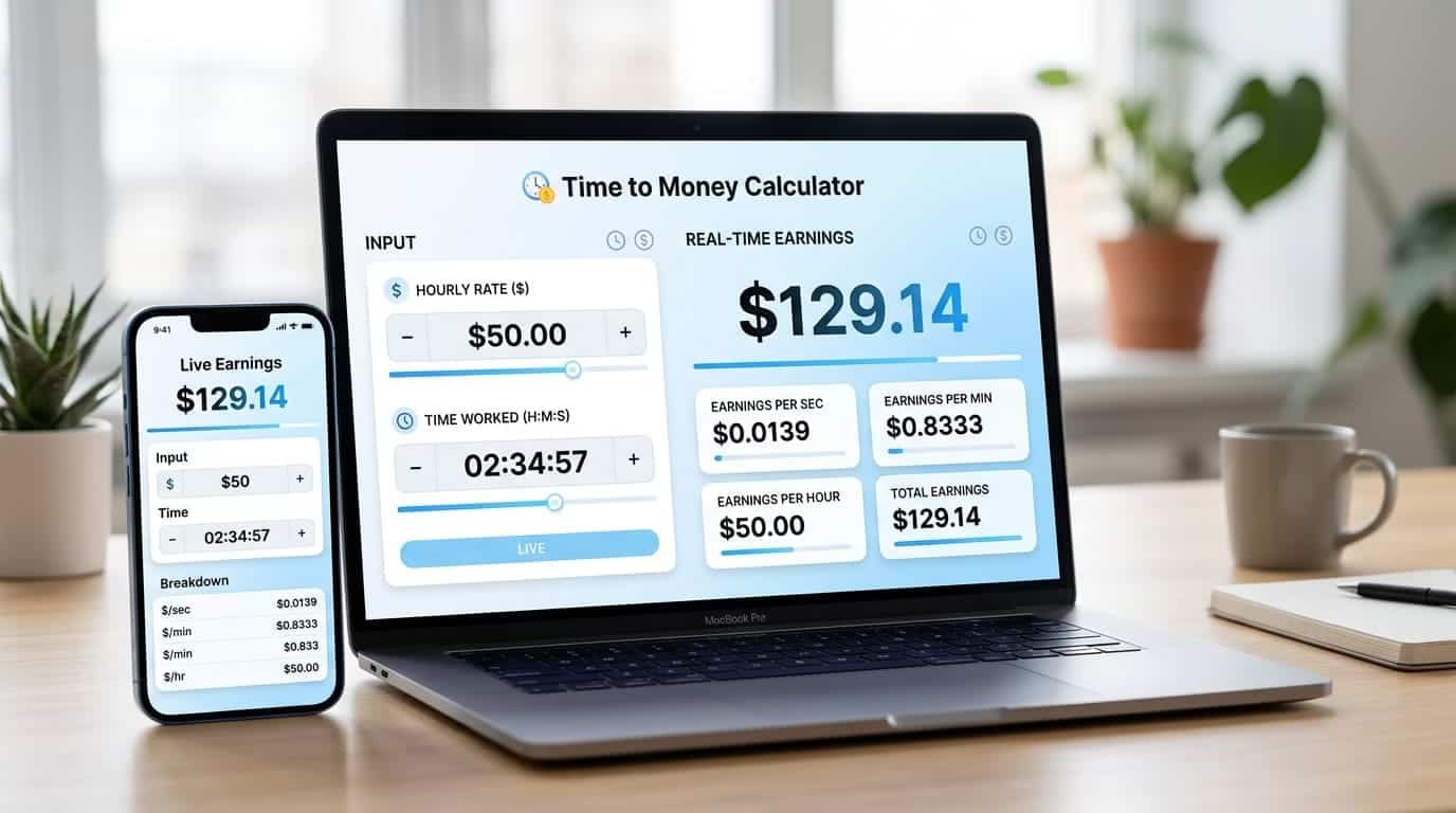 Time to Money Calculator showing real-time earnings based on hours worked