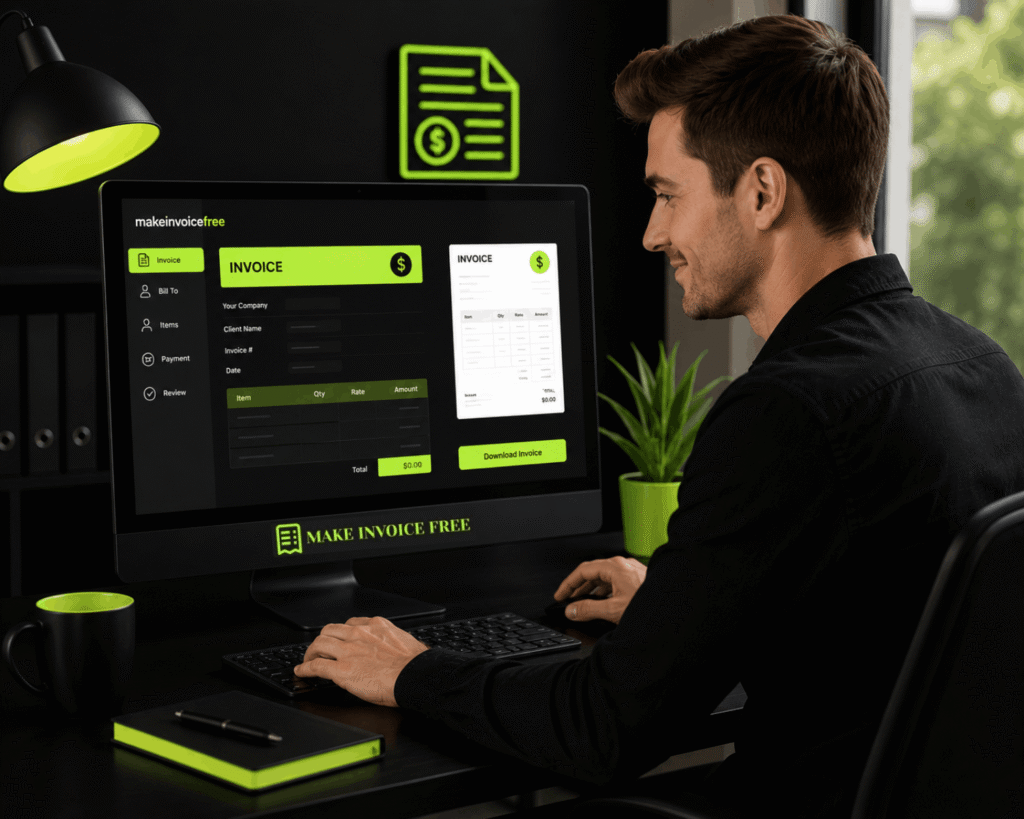 Freelancer using a free online invoice generator on a desktop computer to create a professional invoice PDF