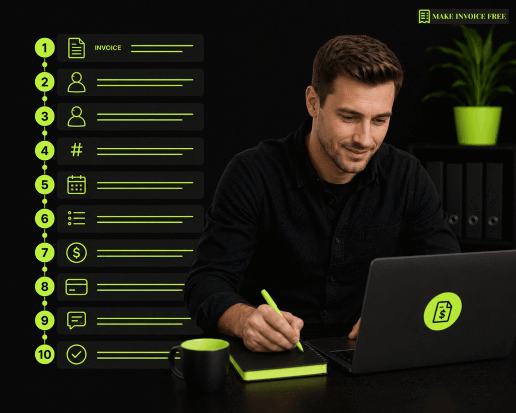 Professional businessman creating an invoice on a laptop with a step-by-step invoice checklist and payment icons