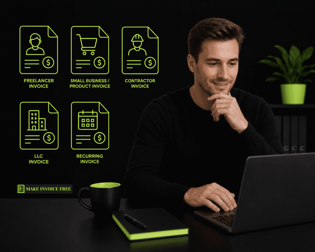 Business professional reviewing different invoice formats for freelancers, contractors, LLCs, and recurring billing on a laptop