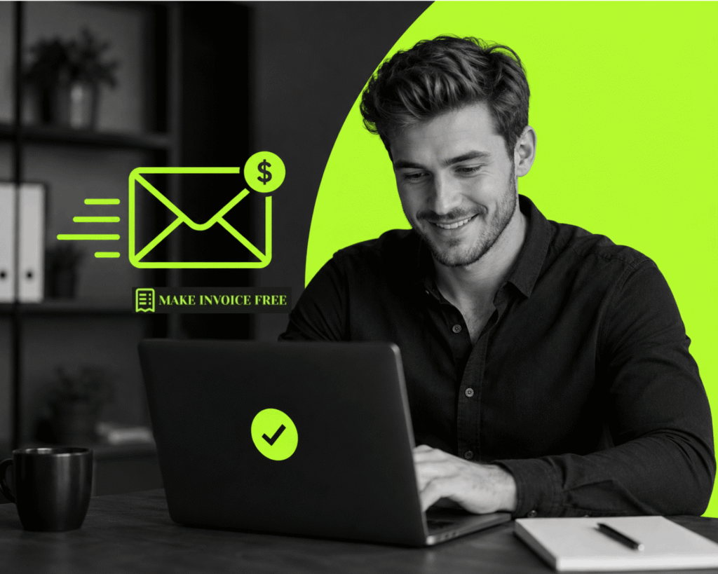 Young businessman sending a professional invoice email on a laptop with neon green email and payment icons on a dark modern workspace background.