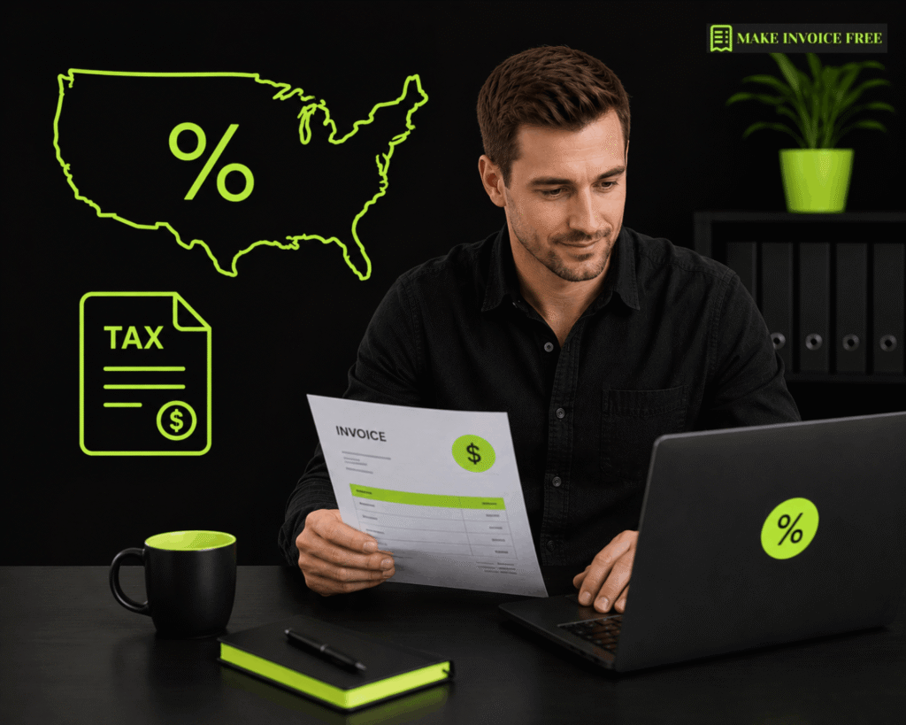 Business owner reviewing an invoice and sales tax details with a US map and tax icons in a modern office