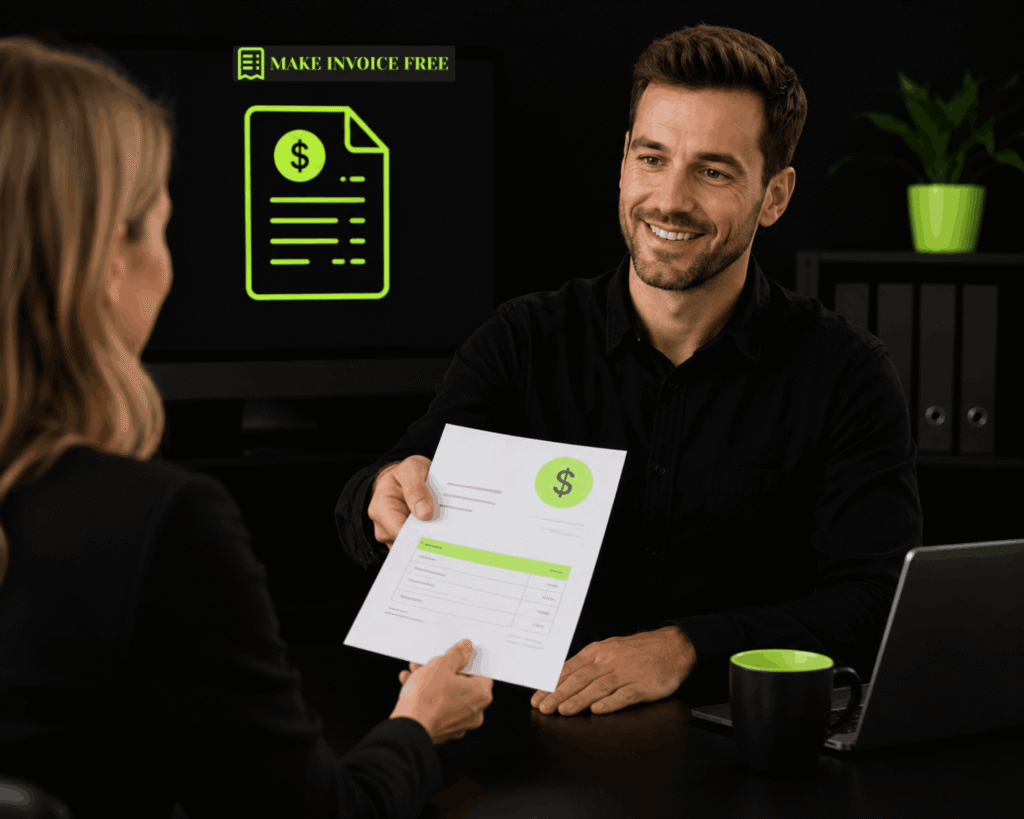 Business professional handing an invoice to a client during a payment discussion in a modern office setting
