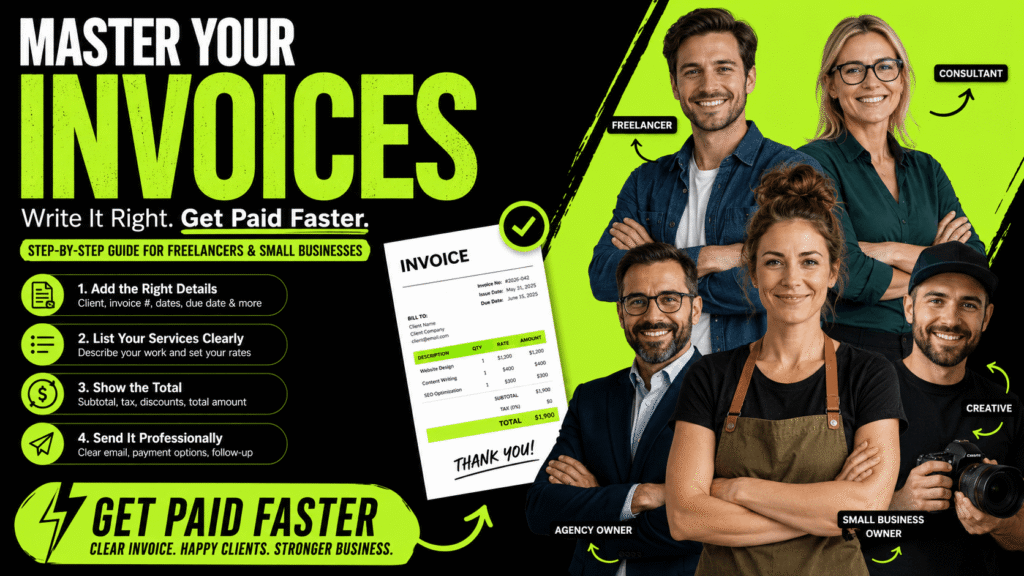Group of freelancers and small business owners standing beside a professional invoice design with bold text explaining how to write an invoice and get paid faster.