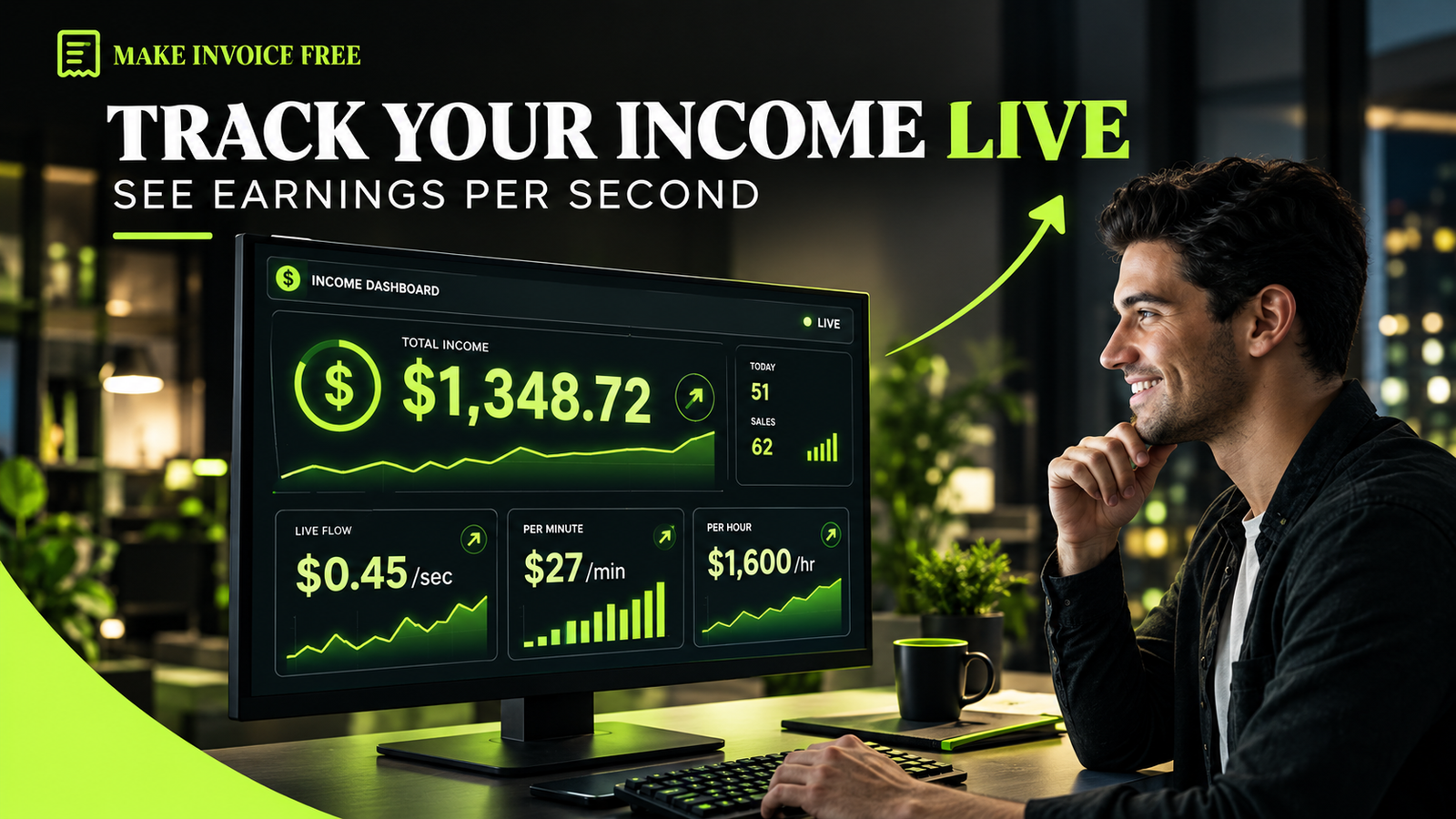 Real Time Income Tracker showing income per second using money clock app
